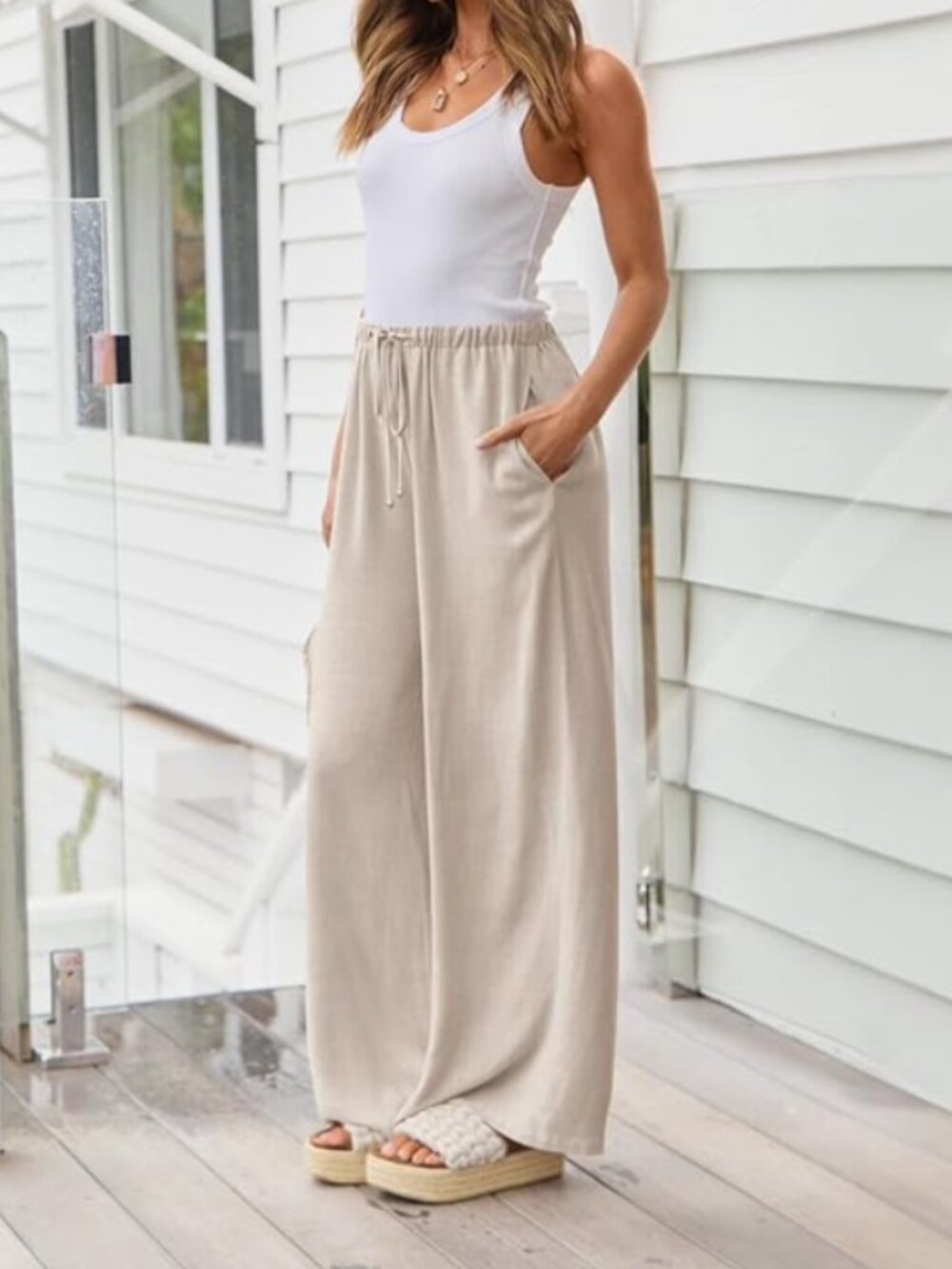 2/$29 Linen Summer Palazzo Pants Flowy Wide Leg Beach Pants with Pockets Large